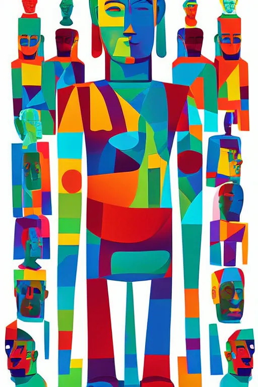 Image similar to cubist moai statue cutout digital illustration cartoon colorful beeple