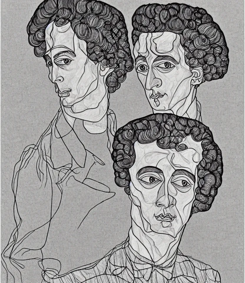 Prompt: detailed line art portrait of mozart, inspired by egon schiele. caricatural, minimalist, bold contour lines, musicality, soft twirls curls and curves, confident personality, raw emotion