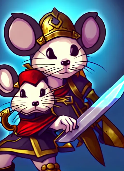 Image similar to a cute mouse boy furry with a sword and shield. league of legends splash art