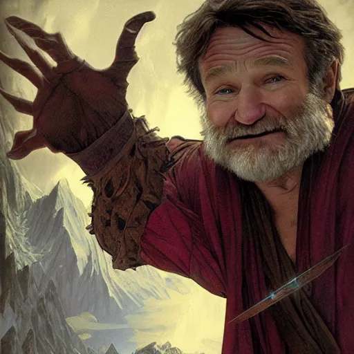 Prompt: robin williams as a sorcerer, in the style of magic the gathering, glacier landscape, d & d, fantasy, intricate, elegant, highly detailed, digital painting, artstation, concept art, matte, sharp focus, illustration, art by artgerm and greg rutkowski and alphonse mucha