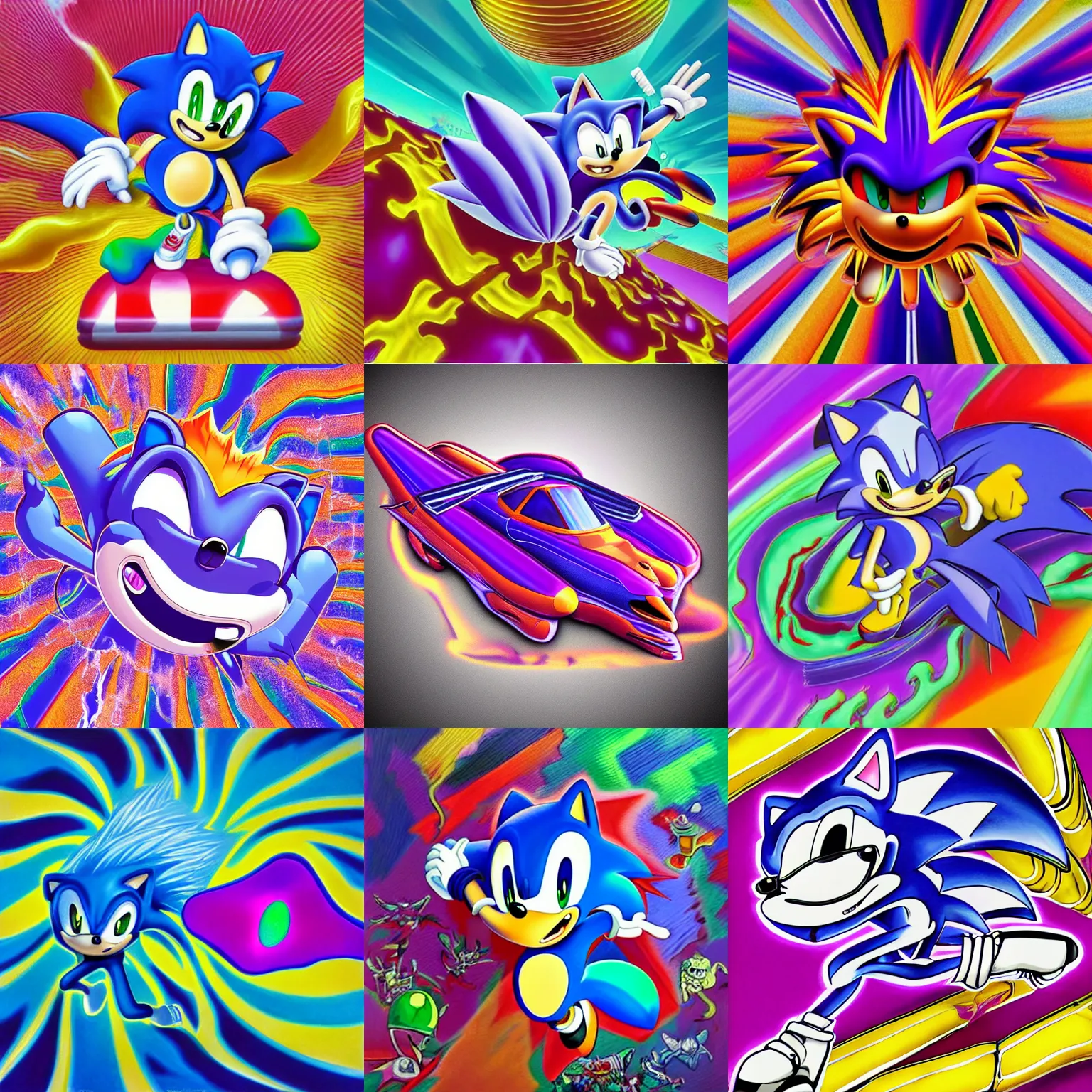 Image similar to surreal, sharp, detailed professional, high quality airbrush art MGMT album cover of a liquid dissolving LSD DMT sonic the hedgehog on a flat purple checkerboard plane, 1990s 1992 prerendered graphics raytraced phong shaded album cover