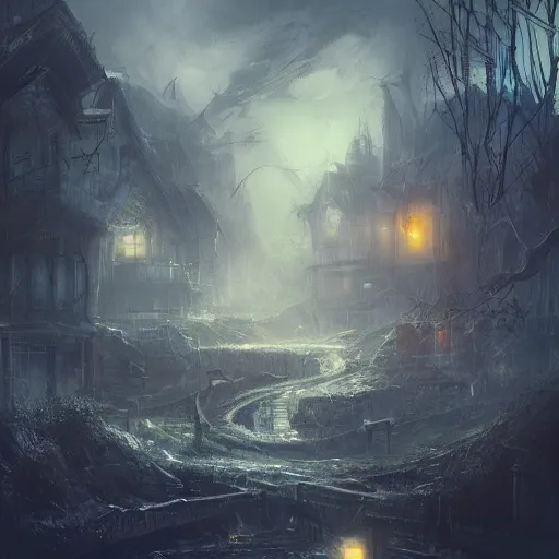 Image similar to this place is truly beautiful and the atmosphere is buzzing the town lights are glowing particularly brightly tonight but I cant stop feeling this ominous presence, trending on artstation,