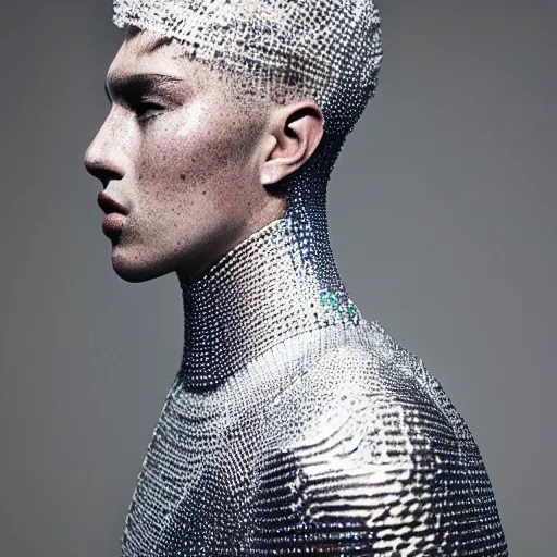 Prompt: a portrait of a beautiful young male wearing an alexander mcqueen armor made of holographic lace , photographed by andrew thomas huang, artistic