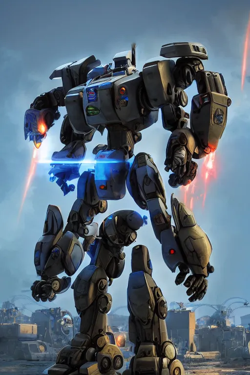 Image similar to mechwarrior 5 : mercenaries mech megaman transformer robot boss tank engine game octane render, 4 k, hd 2 0 2 2 3 d cgi rtx hdr style chrome reflexion glow fanart, global illumination ray tracing hdr fanart arstation by ian pesty by jesper ejsing pixar and disney unreal zbrush central hardmesh