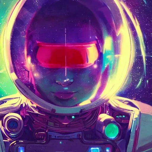 Image similar to colorful character portrait a woman in a space suit among the stars, set in the future 2 1 5 0, highly detailed face, very intricate, symmetrical, cinematic lighting, award - winning, painted by mandy jurgens, pan futurism, dystopian, bold colors, cyberpunk, groovy vibe, anime aesthetic, featured on artstation