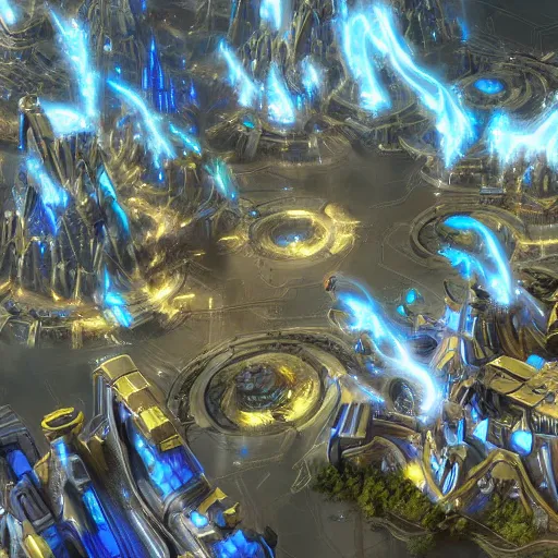 Prompt: a protoss cityscape with advanced technology, inspired by the game starcraft. the city sprawling below is a mix of organic and inorganic, with swirling energy currents and strange crystalline structures, illustrated in a realistic and detailed style by wei wang, artstation