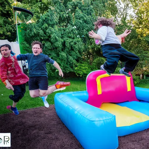 Prompt: peter dinklage jumping in a bouncey castle at a birthday party, ( sony a 7 r iv, symmetric balance, polarizing filter, photolab, lightroom, 4 k, dolby vision, photography awardm, voque, perfect face )