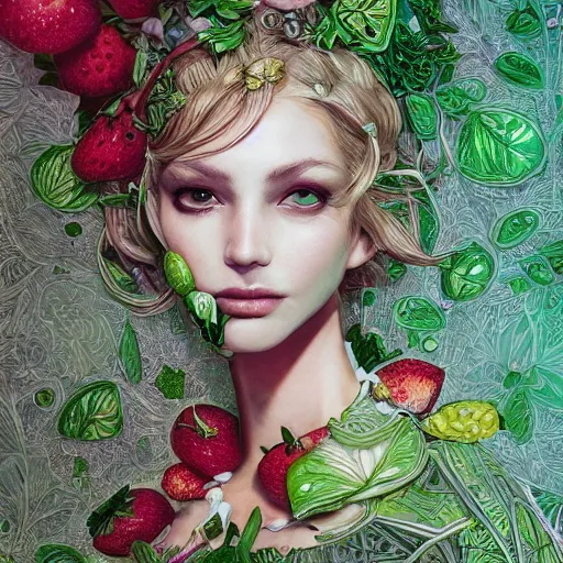 Prompt: the portrait of an absurdly beautiful, graceful, elegant, sophisticated, vogue woman made of strawberries and green petals looking up, an ultrafine hyperdetailed illustration by kim jung gi, irakli nadar, intricate linework, bright colors, octopath traveler, final fantasy, unreal engine 5 highly rendered, global illumination, radiant light, detailed and intricate environment