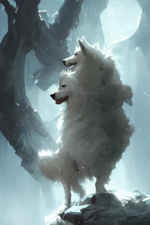 Image similar to comic book cover. heroic samoyed dog in mage clothes by greg rutkowski, trending on artstation