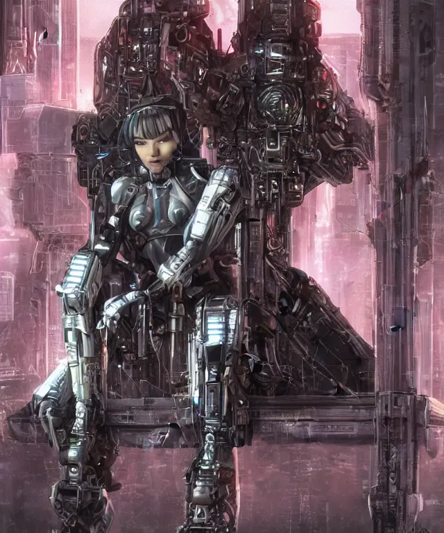 Image similar to majestic cyborg princess sitting on a metal throne in a futuristic castle, cyberpunk, highly detailed, sharp lines