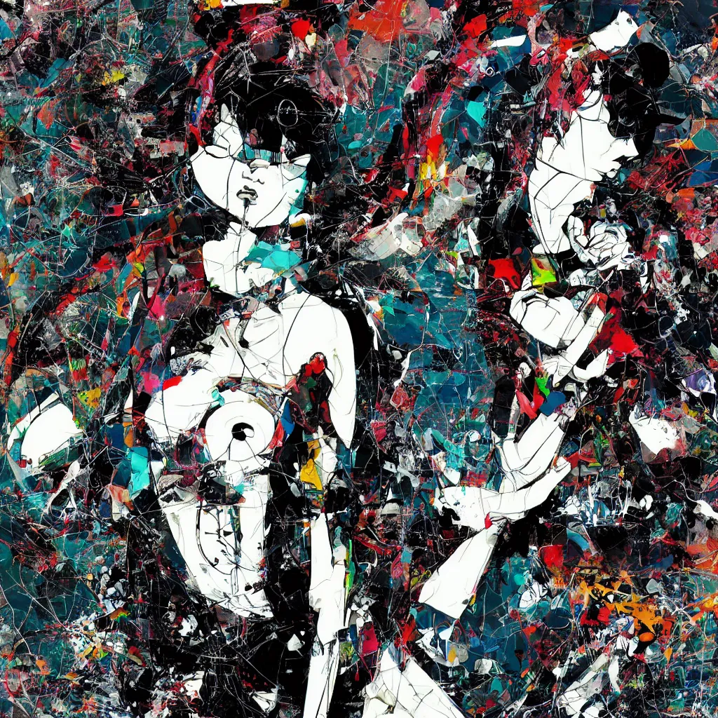 Image similar to girl figure, abstract, jet set radio artwork, ryuta ueda artwork, cryptic, rips, spots, asymmetry, stipple, lines, glitches, color tearing, pitch bending, stripes, dark, ominous, eerie, hearts, minimal, points, otomo katsuhiro artwork, technical, natsumi mukai artwrok, folds