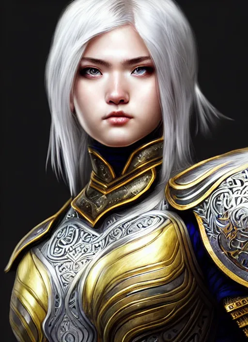 Image similar to warrior, intricate ornate opal heavy armor!!! beautiful and athletic white hair female!! gorgeous face and eyes!! character concept art, sharp focus, octane render! unreal engine 5! highly rendered!! trending on artstation!! detailed linework!! illustration by artgerm, wlop, and chie yoshii