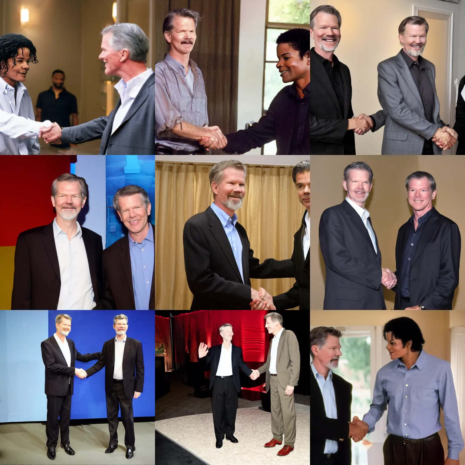 Prompt: reed hastings and michael jackson shaking hands