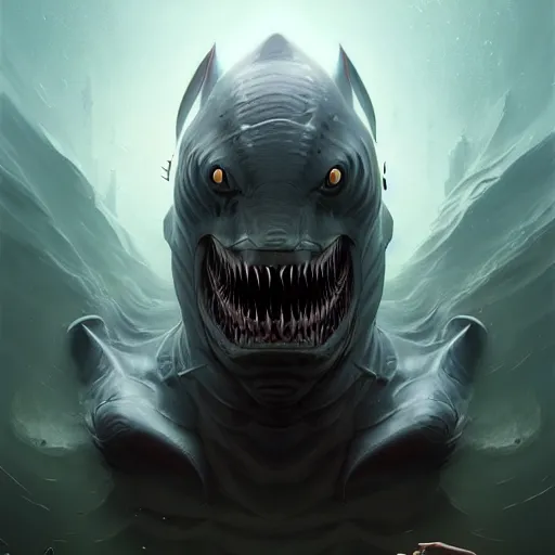 Image similar to professional ominous concept art portrait of a shark - human chimera character by artgerm and greg rutkowski. an intricate, elegant, highly detailed digital painting, concept art, smooth, sharp focus, illustration, in the style of simon stalenhag, wayne barlowe, and igor kieryluk.