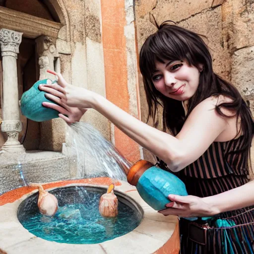 Image similar to anime girl in a greek womans clothing pouring water out of a gourd into a fountain, spanish alleyway