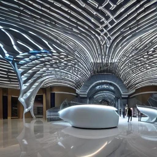 Image similar to extremely detailed ornate stunning beautiful elegant futuristic museum lobby interior by Zaha Hadid