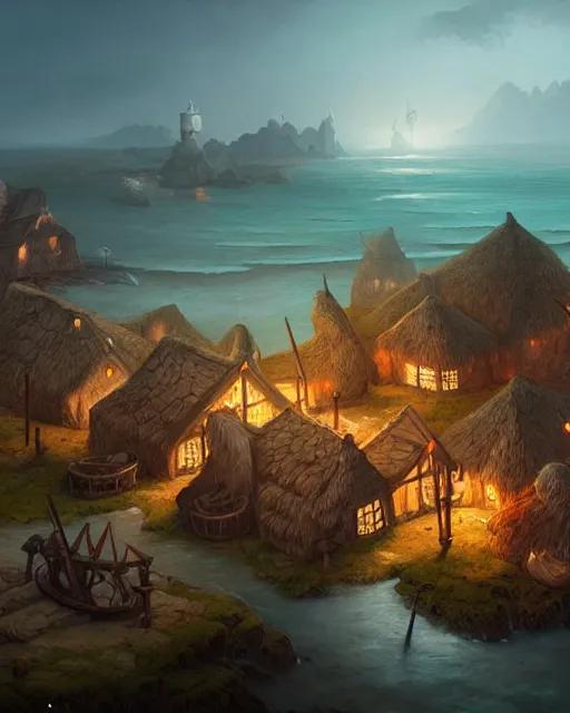 Image similar to medieval viking village next to the ocean, by peter mohrbacher and dan mumford and nekro, cgsociety, volumetric light, 3 d render