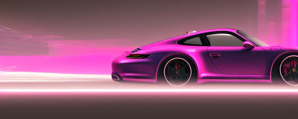 Prompt: abstract illustration of a porsche 9 1 1, synthwave, purple and pink, motion blur, light streaks, octane render, depth of field