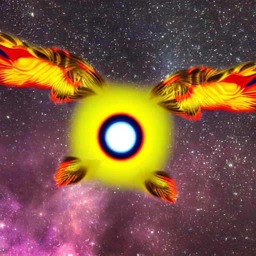 Prompt: multicolor open wings, a yellow 8-point-star in the center, an open eye in its center, space in the background, but as a photograph