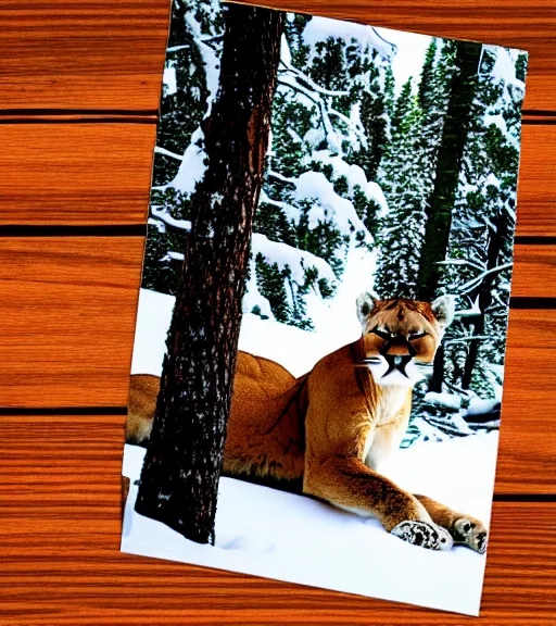 Image similar to ripped up postcard showing 'a cougar sleeping in the middle of snowy pine tree' laying on coffee table, zoomed out shot, HD, iphone capture