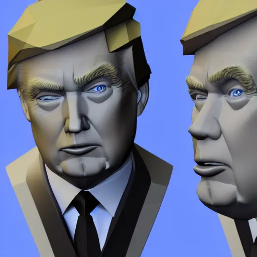 Prompt: Donald Trump 3d render, low poly, ray tracing