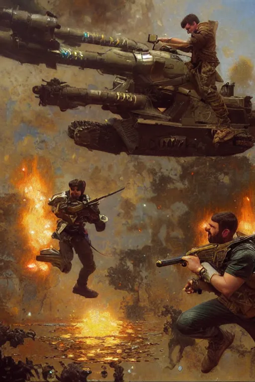 Image similar to war between drake and josh, painting by gaston bussiere, craig mullins