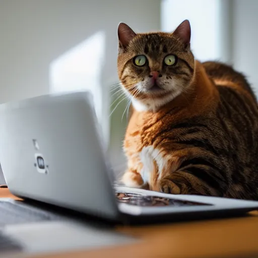 Image similar to cat working at a computer, photo, 8k