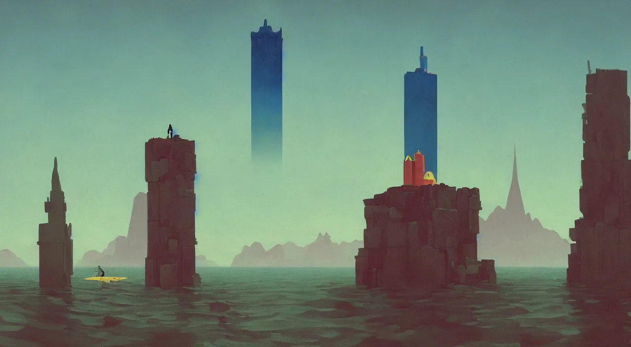 Prompt: single flooded simple cosmic tower!, very coherent and colorful high contrast!! masterpiece by rene magritte simon stalenhag carl spitzweg syd mead norman rockwell edward hopper james gilleard, minimalist, dark shadows, sunny day, hard lighting