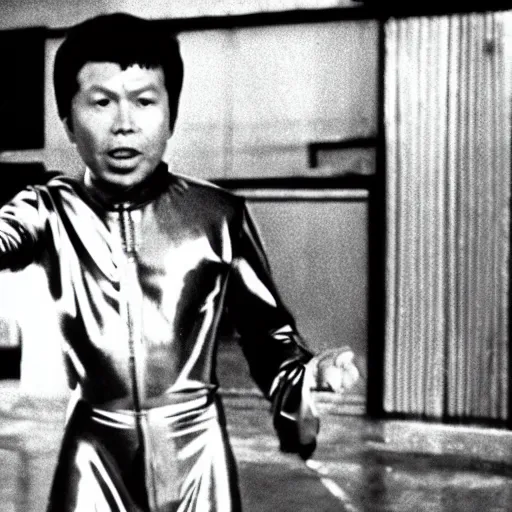 Prompt: A movie still of Pol Pot wearing a disco suit in Satuday Night Fever