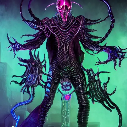 Prompt: cyberpunk undead lich ilithid mindflayer playing synthesizers, honeycomb background, D&D, laser show, highly detailed, realistic, technology and magic,