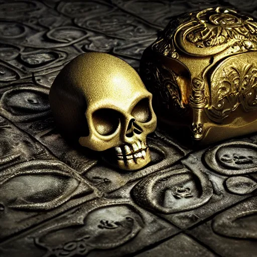 Image similar to a skull made of solid gold sits on an abandoned gravestone, beautiful detailed intricate insanely detailed octane render, 8k artistic photography, photorealistic, chiaroscuro