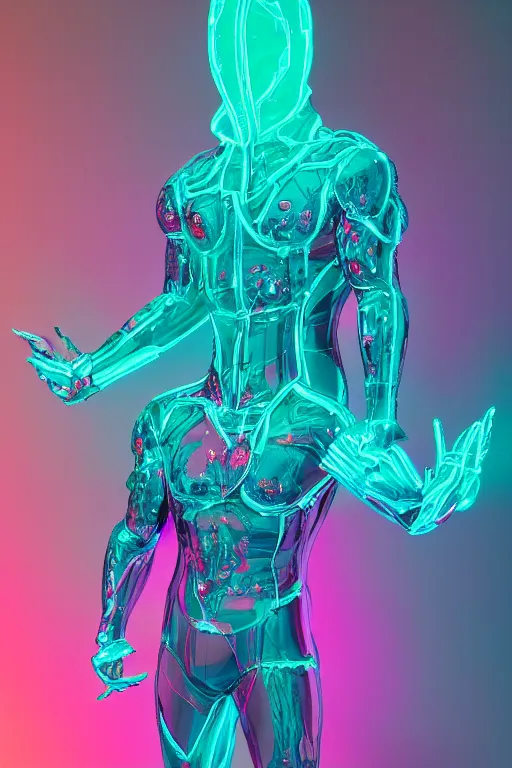 Image similar to hyper detailed ultra sharp fullbody photo of baroque and cyberpunk transparent neon ceramic sculpture of a muscular seductive muscular liam payne feeling muy cachondo, muy dotado, iridescent humanoid deity wearing teal plastic hooded cloak, holding a rainbow lizard gem, blue diamond, glowing pink face, crown of white diamonds, cinematic lighting, photorealistic, octane render 8 k