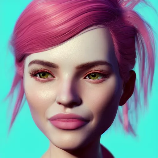 Image similar to the most beautiful woman in the world, in the style of julia razumova, beautiful, happy expression, cheery, unreal engine, octane rendering, 8 k, closeup headshot, smooth, trending on artstation, digital illustration, pink hair