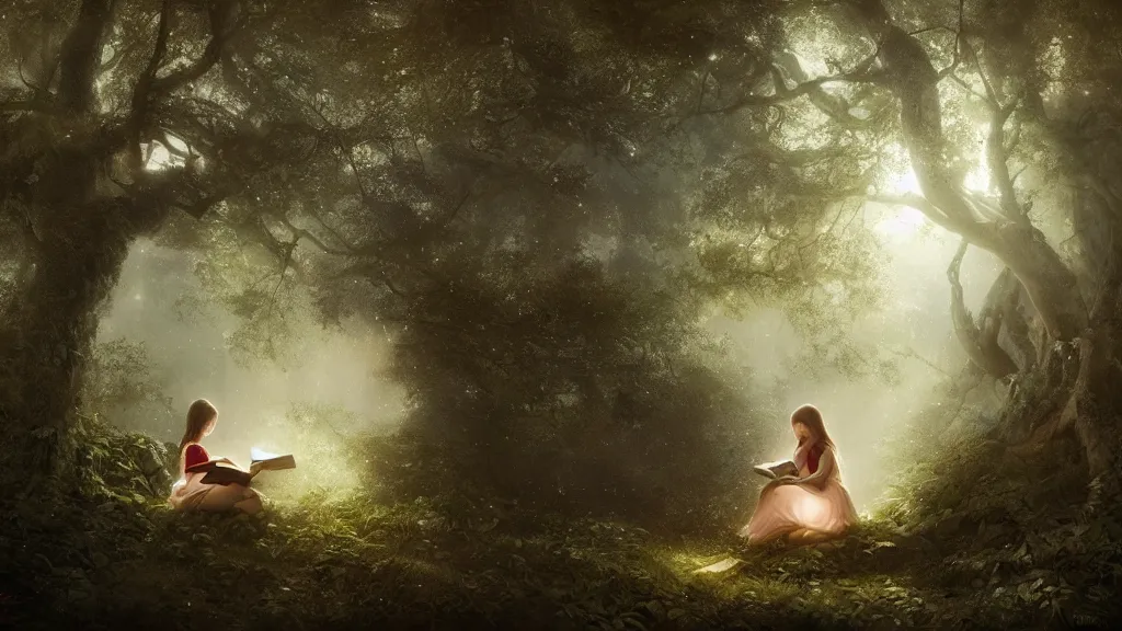 Prompt: girl reads a book in a tree, far away, in the magical forest. andreas achenbach, artgerm, mikko lagerstedt, zack snyder, tokujin yoshioka