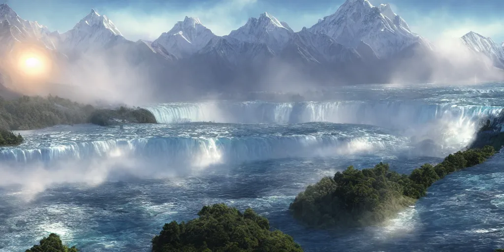 Prompt: cascade of multiple gigantic niagara falls in the himalaya, epic mountains, early dawn, fantasy illustration, matte painting, concept art, low angle shot, volumetric lighting, volumetric atmosphere, morning mist, art by james gurney, unreal engine 5, 8 k