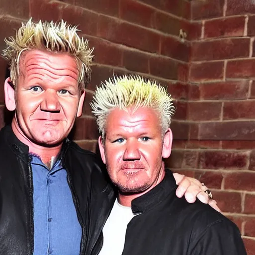 Image similar to gordon ramsay and guy fieri as conjoined twins, medical photo, had
