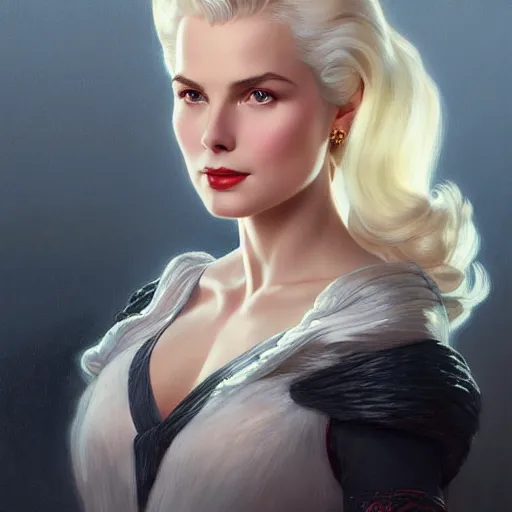 Image similar to Grace Kelly with platinum blonde hair as 2B, western, D&D, fantasy, intricate, elegant, highly detailed, digital painting, artstation, concept art, matte, sharp focus, illustration, art by Artgerm and Greg Rutkowski and Alphonse Mucha