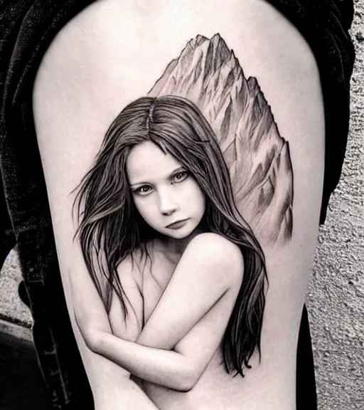 Prompt: a beautiful girl portrait at amazing nature and mountains, realism tattoo design, in the style of den yakovlev, black and white, hyper realistic, highly detailed