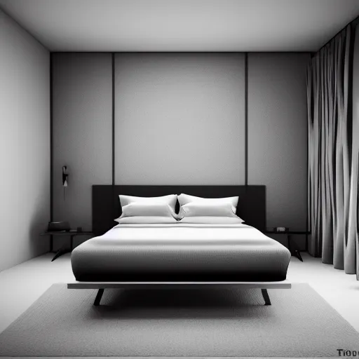 Prompt: symmetry, parallax mapping of brutalist bedroom, minimalist architecture, minimalist furniture, octane render, high quality