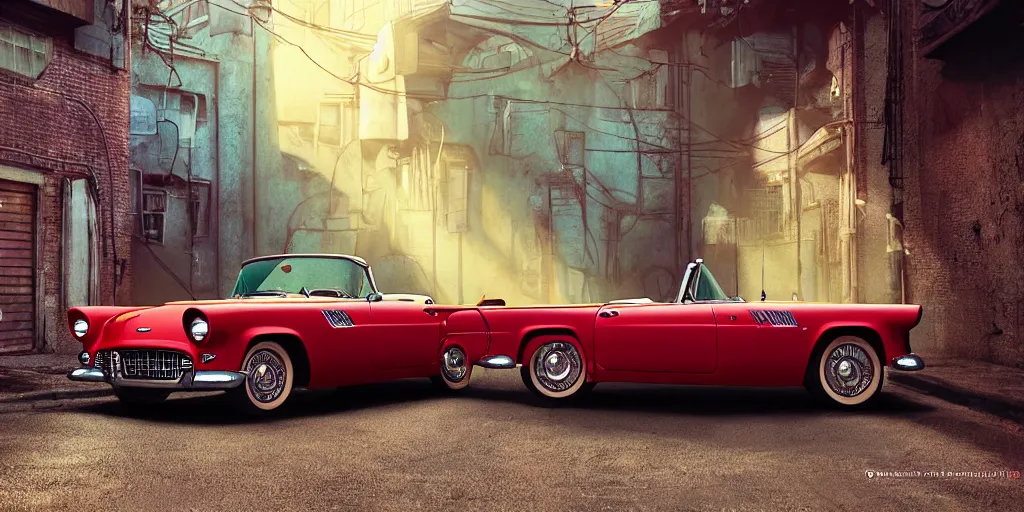 Prompt: a wholesome animation key shot of a focused old 1955 Ford Thunderbird car parked in an abandoned alleyway, medium shot, waist up, studio Ghibli, Pixar and Disney animation, sharp, very detailed, high resolution, Rendered in Unreal Engine 5, anime key art by Greg Rutkowski, Bloom, dramatic lighting