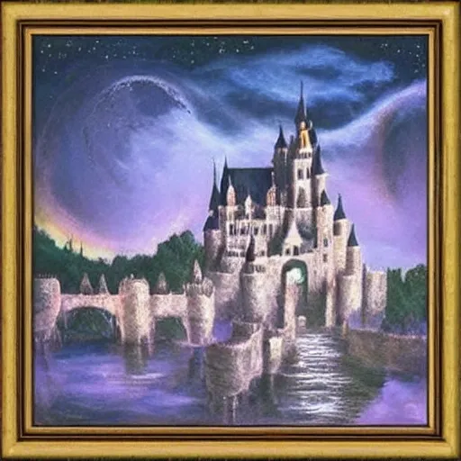 Prompt: Castle+moon+river+painting+ evil+smoke