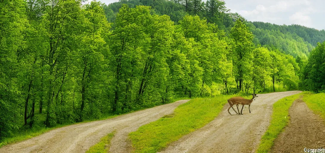 Image similar to The landscape of a green hilly forest somewhere in Germany, a country road is visible, through which a deer runs, ultra detailed