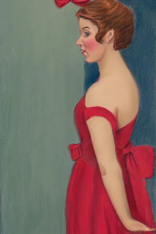 Image similar to a portrait of a young woman wearing a dress and wearing a bow in her hair, by dean yeagle