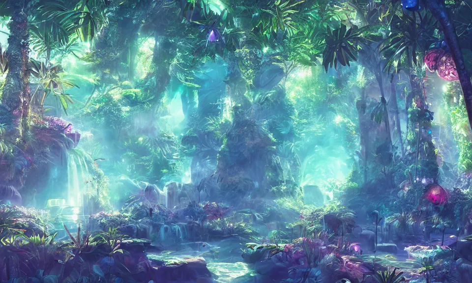 Image similar to a watercolor painting of a glowing sparkling gigantic portal in a mysterious jungle, fantasy, flowery, particles, fireflies, octane render, unreal engine, artstation, digital art
