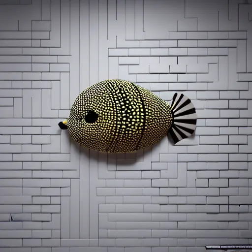 Image similar to : puffer fish pattern sculpture art on the wall in modern architecture studio, cinematic lighting, hyper - realistic, detailed, render by c 4 d octane, unreal engine, 8 k 3 d render