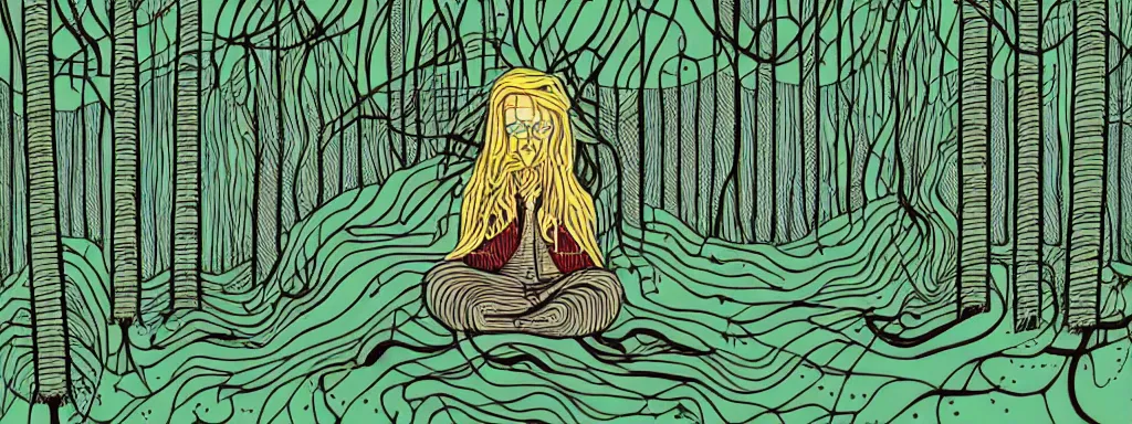 Prompt: a grunge technogaianist long-haired blonde digital musician playing modular synthesizer in the forest, technology and nature swirling in harmony, postmodern surrealist concert poster, grainy, hand drawn matte poster by Tara McPherson and Gary Houston, smooth, sharp focus, extremely detailed.