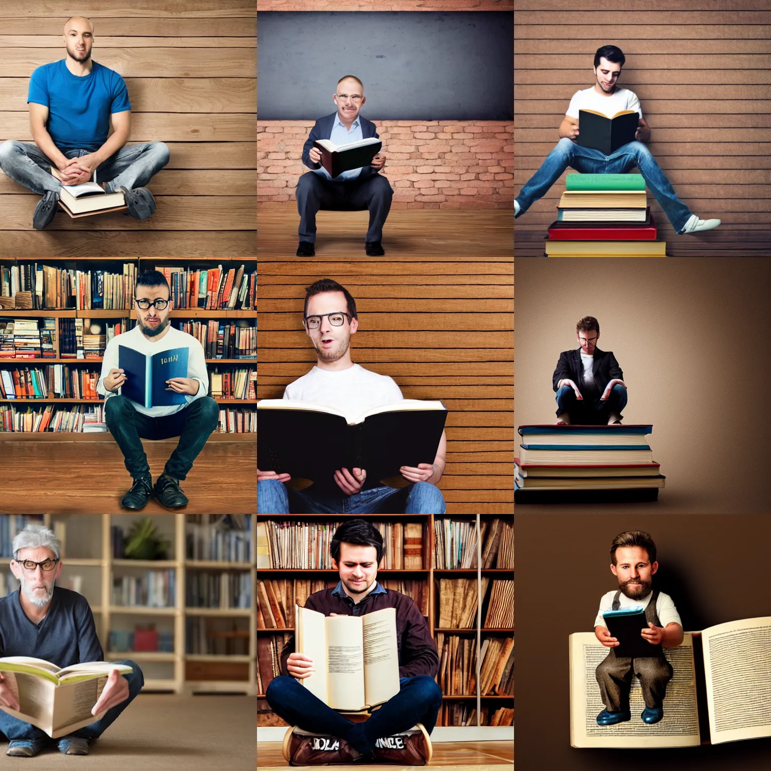 Prompt: diminutive man sitting on huge book