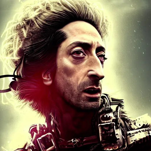 Prompt: adrien brody portrait, dystopia core, apocalyptic, armor, warrior, dramatic, sharp focus, fiction, neon, fantasy, hyper detailed, digital art, trending in artstation, cinematic lighting, studio quality, smooth render, unreal engine 5 rendered, octane rendered, art style and nixeu and wlop and krenz cushart