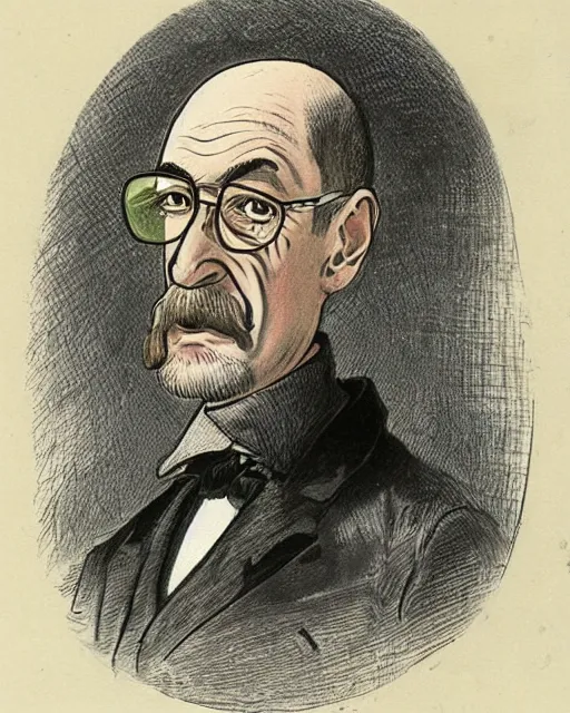 Image similar to Victorian caricature drawing of professor of chemistry Walter White, art by Sir Leslie Matthew Ward