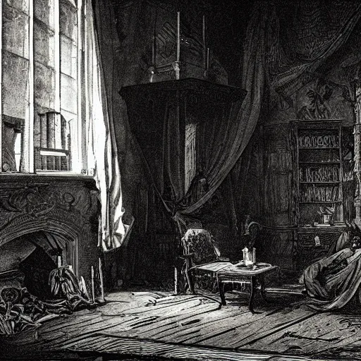 Image similar to living room of an abandonded house, illustration by Gustav Doré, Chiaroscuro, dramatic light